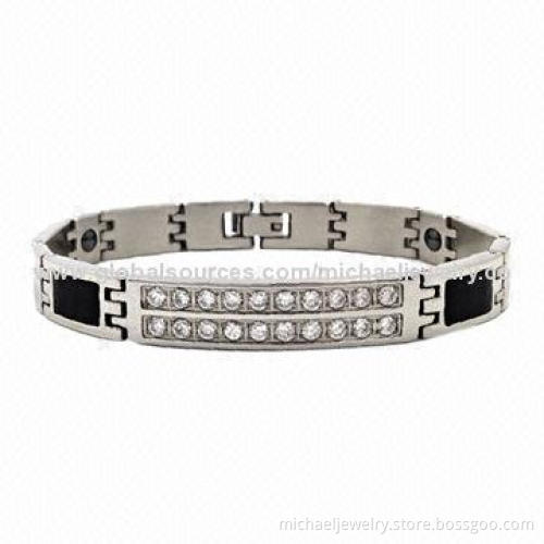 Magnetic Stainless Steel Bracelets with Bio-healthy Elements and 20pcs of CZ Stones and Black Enamel